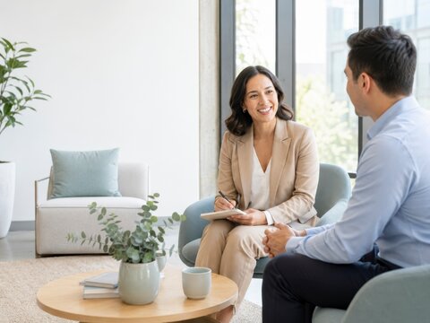 wellness consultant engages with office worker in a bright contemporary lounge space with warm expressions and generous copy space