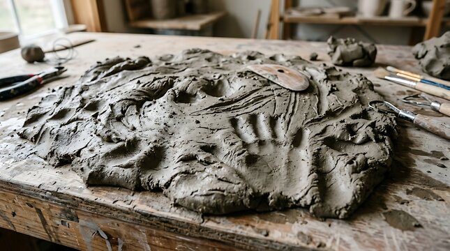 Raw grey clay slab with textured imprints and artistic patterns on a wooden pottery studio workbench