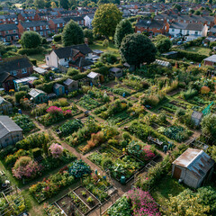 Fototapeta premium Aerial View of Community Garden Allotment Featuring Blooming Plants in Urban Farming Landscape for Sustainable Agriculture and Home Gardening Enthusiasts
