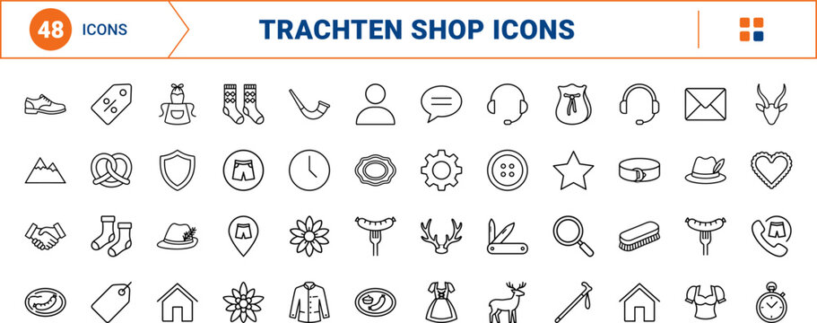 Lederhosen store line icon set. Vector pictograms of trachten, oktoberfest, bavarian, and kit elements, thin linear illustration.