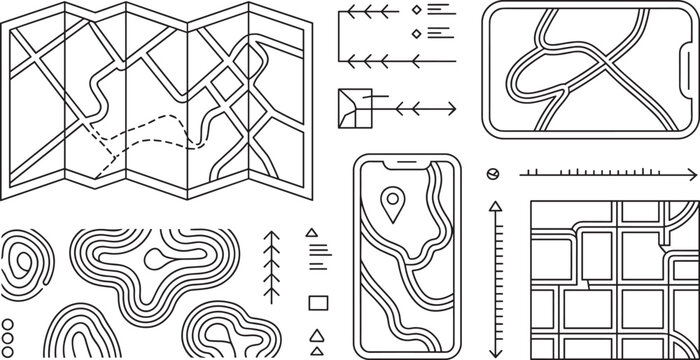Cartography and mobile GPS navigation line icon set featuring folded paper map, smartphone tracking interfaces, topographic altitude contours, and urban city street grids.