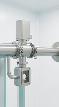 Closed tablet sampling port on pharmaceutical production line close up