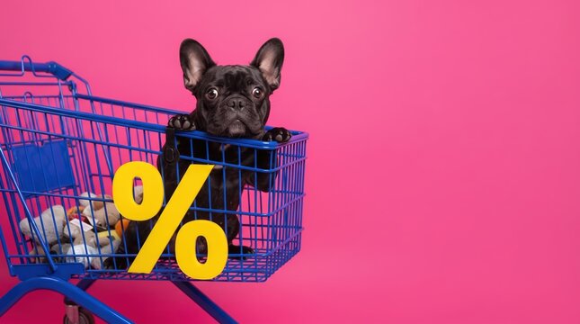 Black French bulldog puppy sits in a blue shopping cart with toys and a large yellow percent sign on a pink background, promoting pet retail sales, discounts and online shopping offers