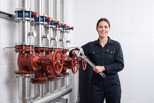 Female plumber holding wrench standing near industrial heating pipes