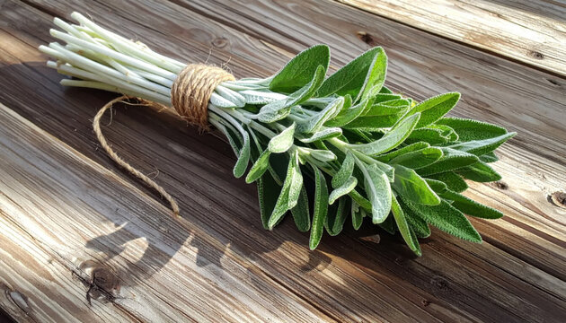 Fresh bundle of aromatic sage herbs tied with twine resting on a rustic wooden surface