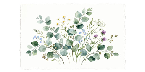 Soft watercolor painting of eucalyptus and wild meadow flowers with hand painted watercolor eucalyptus wildflowers botanical greenery © Manjur