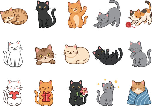 Set of cute cartoon cats in different poses and colors isolated on white background vector