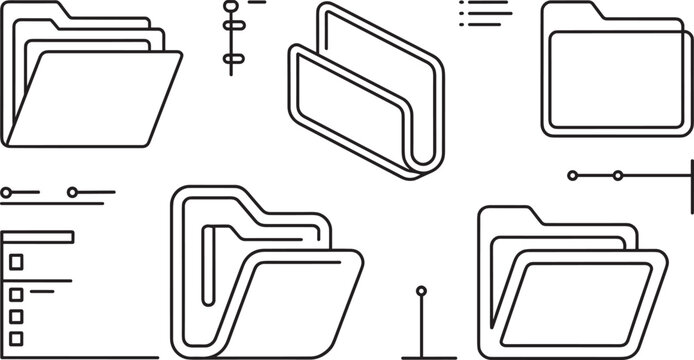 Minimalist thin line art file folder vector set featuring open and closed directories data organization archives and office document storage icons