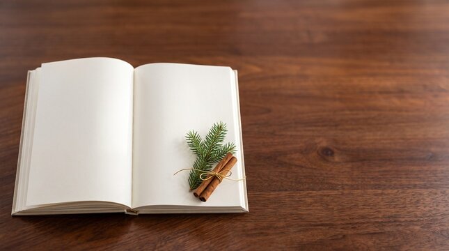 High angle view of open paper journal with blank unprinted white pages with small fresh spruce branch and two small cinnamon sticks tied with thin golden thread on mahogany wood table layout on right