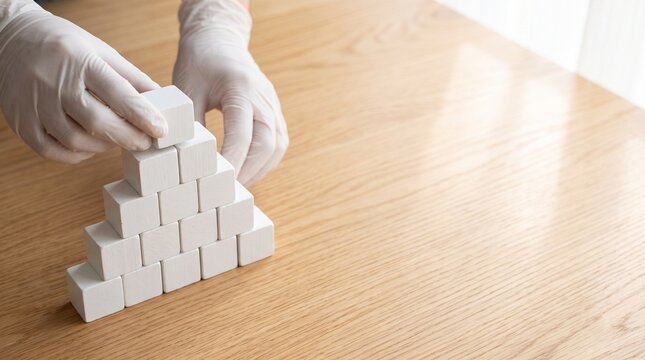 Close up view of hands wearing clean white medical gloves neatly arranging plain completely blank unprinted white wooden blocks into perfect steady pyramid on light oak wood tabletop layout on right
