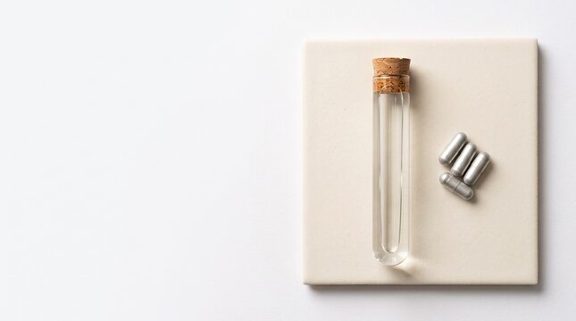 High angle view of plain transparent glass laboratory tube filled with clear fluid extract on smooth cream ceramic tile next to three matte silver mineral capsules empty flat layout on left side