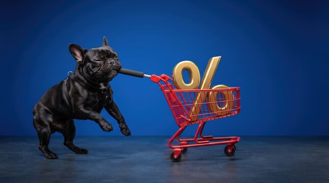 Black French bulldog pulls a red shopping cart carrying a large golden percentage sign on a dark blue background, representing retail discounts, sales, shopping deals and promotions