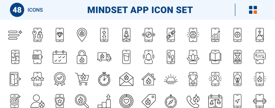 Motivation app line icon set. Vector pictograms of daily, habits, goal, and tracking elements, thin linear illustration.