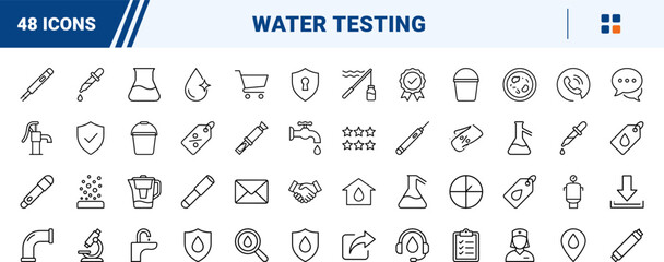 Fototapeta premium Water Quality Testing Icons line icon set. Vector pictograms of analysis, filtration, laboratory, and purity elements, thin linear illustration.