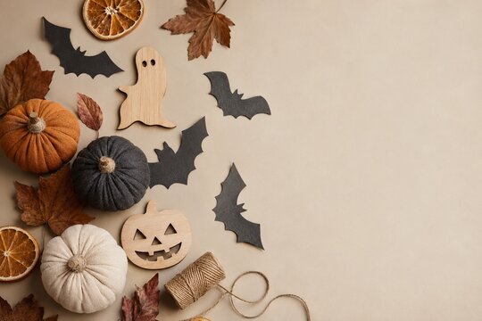Sustainable Handmade Halloween Decorations on Beige Background