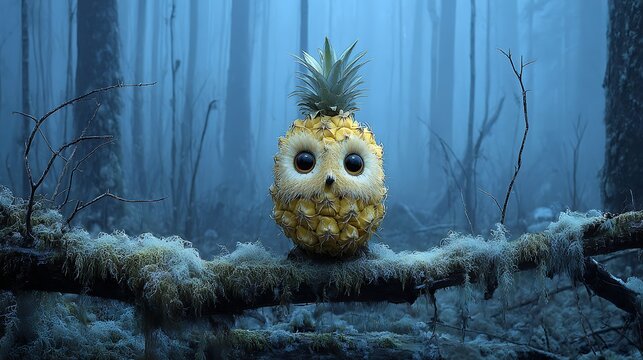 Yellow fluffy chick standing on a snowy surface with pine branches and snowflakes