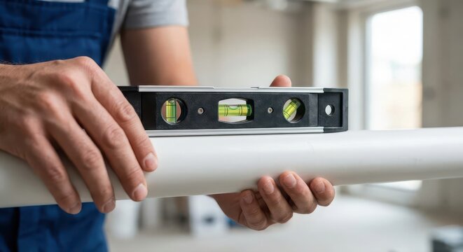 Worker using spirit level tool for pipe alignment on construction site