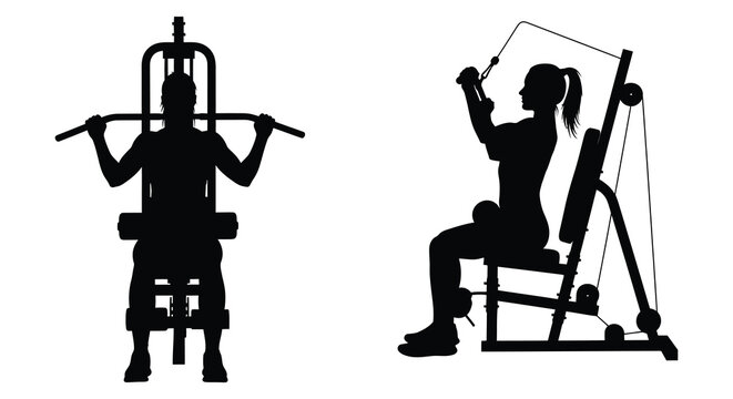 Woman exercising on lat pulldown machine and seated cable row black silhouette
