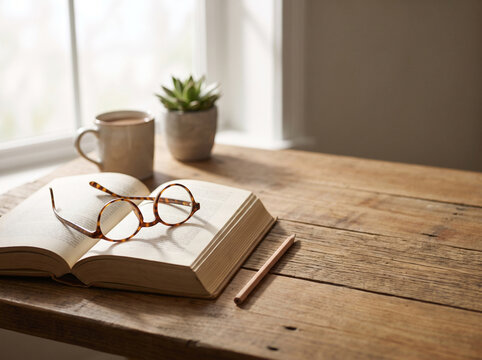 Peaceful Reading Scene with Open Book and Glasses on Wooden Table