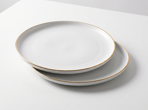 Elegant White Ceramic Serving Plates with Gold Rim on White Surface