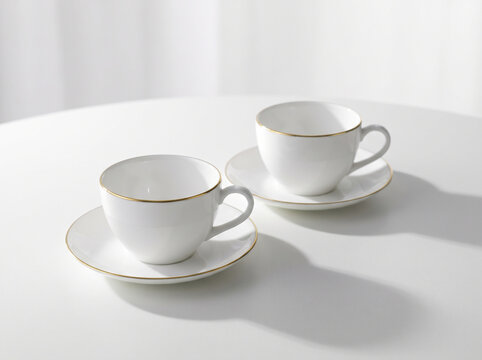 Elegant White Tea Cups with Gold Rim on White Surface