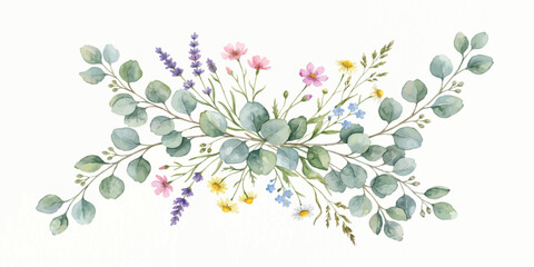Watercolor wildflower and eucalyptus leaf arrangement with watercolor wildflowers eucalyptus arrangement botanical painting illustration © Manjur