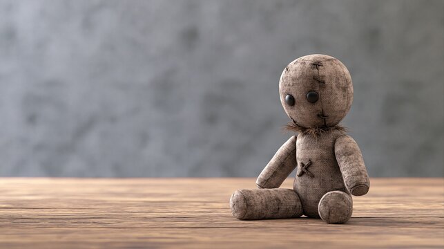 Broken voodoo doll with stitched face on wood