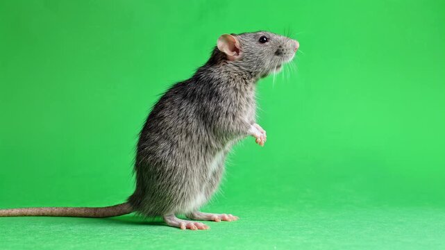 Domestic Gray Rat Sniffing on Green Screen Background
