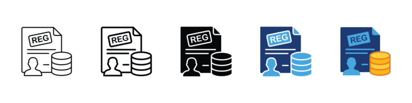 Company Registration Icon Set, Document with Stamp User and Coins Symbol, Business Account Registry Graphics