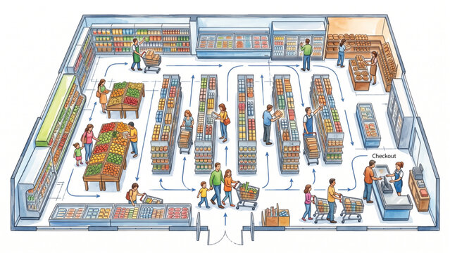 Retail Customer Activity Collection with CAD Supermarket Layout, Shoppers, Families, Checkout, Store Shelves, Watercolor Editable Vector, Isolated White Background