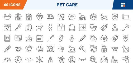 Fototapeta premium Pet acupuncture line icon set. Vector pictograms of veterinary, therapy, holistic, and care elements, thin linear illustration.