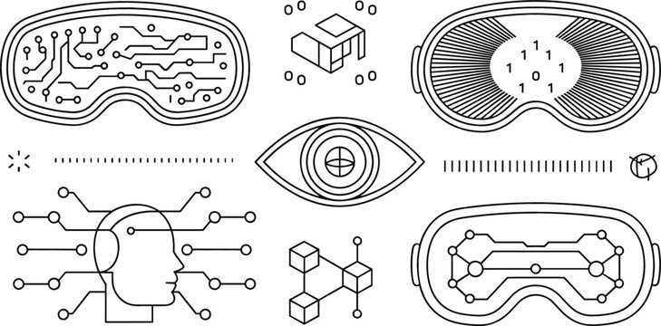 Virtual reality vr headset goggles vector set with cyber artificial intelligence head digital metaverse and tech icons