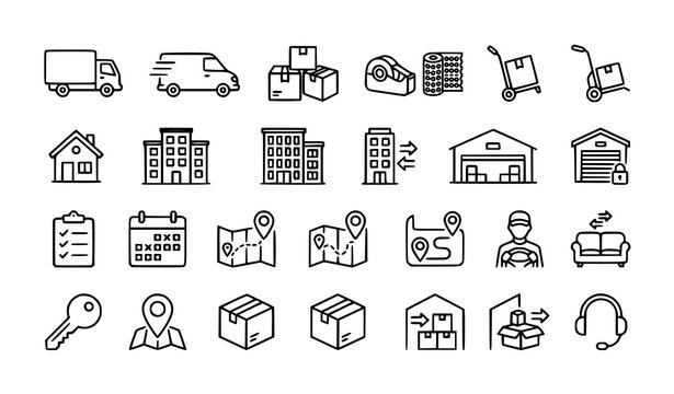 Premium moving service and relocation line icon pack vector