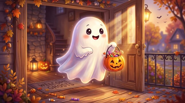 Happy ghost holding jack o lantern.