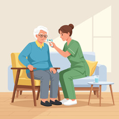 Obraz premium Caring Nurse Checks Elderly Patient's Temperature Diligently At Home