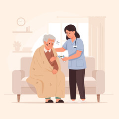 Fototapeta premium Caring Nurse Takes Temperature Of Elderly Woman Indisposed At Home