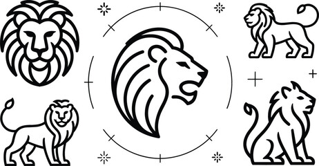 Majestic lion head and full body vector set with minimalist zodiac leo celestial circle and logo icons © Sarmin