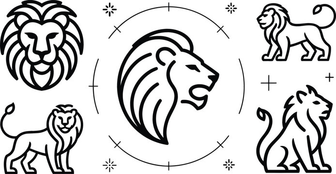 Majestic lion head and full body vector set with minimalist zodiac leo celestial circle and logo icons