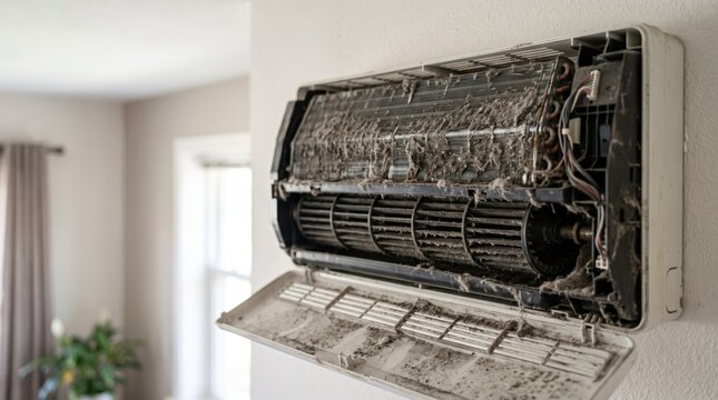 Dirty air conditioner with heavy dust buildup inside the evaporator and blower fan. Concept of poor indoor air quality, HVAC maintenance, mold prevention and home appliance cleaning