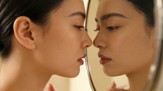 Studying Asian woman in strapless top at vanity after spotting face in round mirror, touching neck