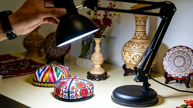 Reaching from left, hand with watch adjusting black lamp on tabletop, lighting embroidered caps