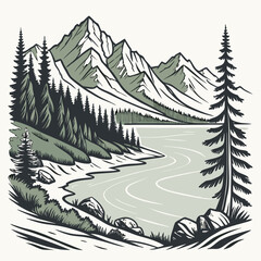 Fototapeta premium Vintage hand drawn mountain lake landscape with evergreen forest, mountain