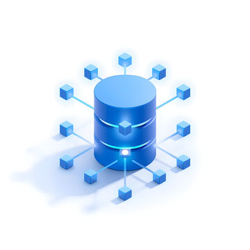 Blue Database Server Icon with Connected Network Nodes on White Background