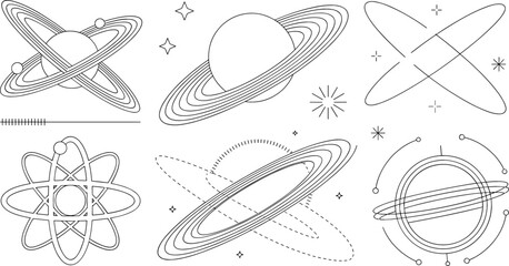 Planetary orbits saturn rings and atom structure linear vector icon set featuring cosmic space science research elements © Sarmin