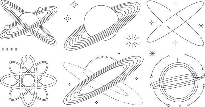 Planetary orbits saturn rings and atom structure linear vector icon set featuring cosmic space science research elements