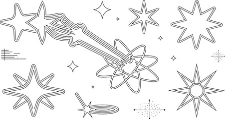 Retro celestial space vector set with y2k stars shooting comet orbit rings abstract sparks and sunburst icons © Sarmin