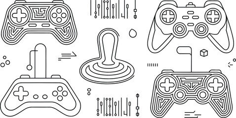 Retro video game controller gamepad vector set with joystick arcade button sliders line art and esports icons © Sarmin