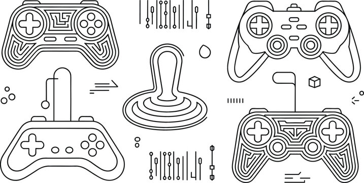 Retro video game controller gamepad vector set with joystick arcade button sliders line art and esports icons