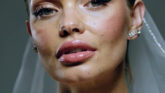 Recording adult female model parting lips, blinking and tilting head in studio bridal shoot, veil