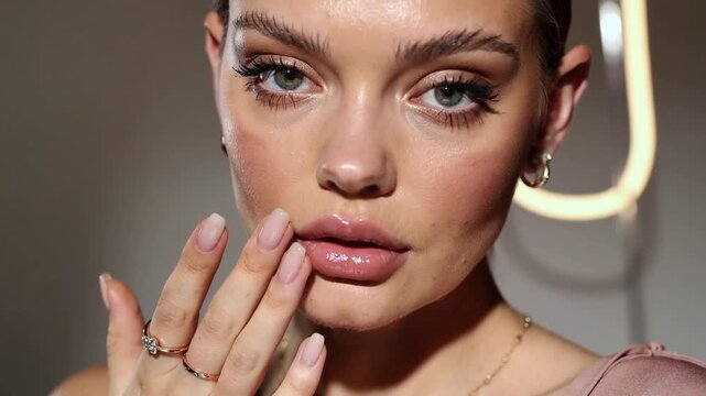Raising model bringing manicured fingers to lip in studio, showing glossy finish and gold rings